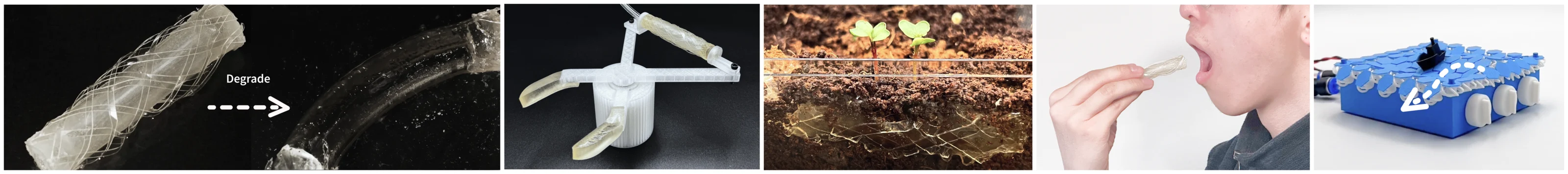 Five BIOGEM applications including degradation, a soft gripper, soil decomposition, an edible actuator, and an interactive wave simulator